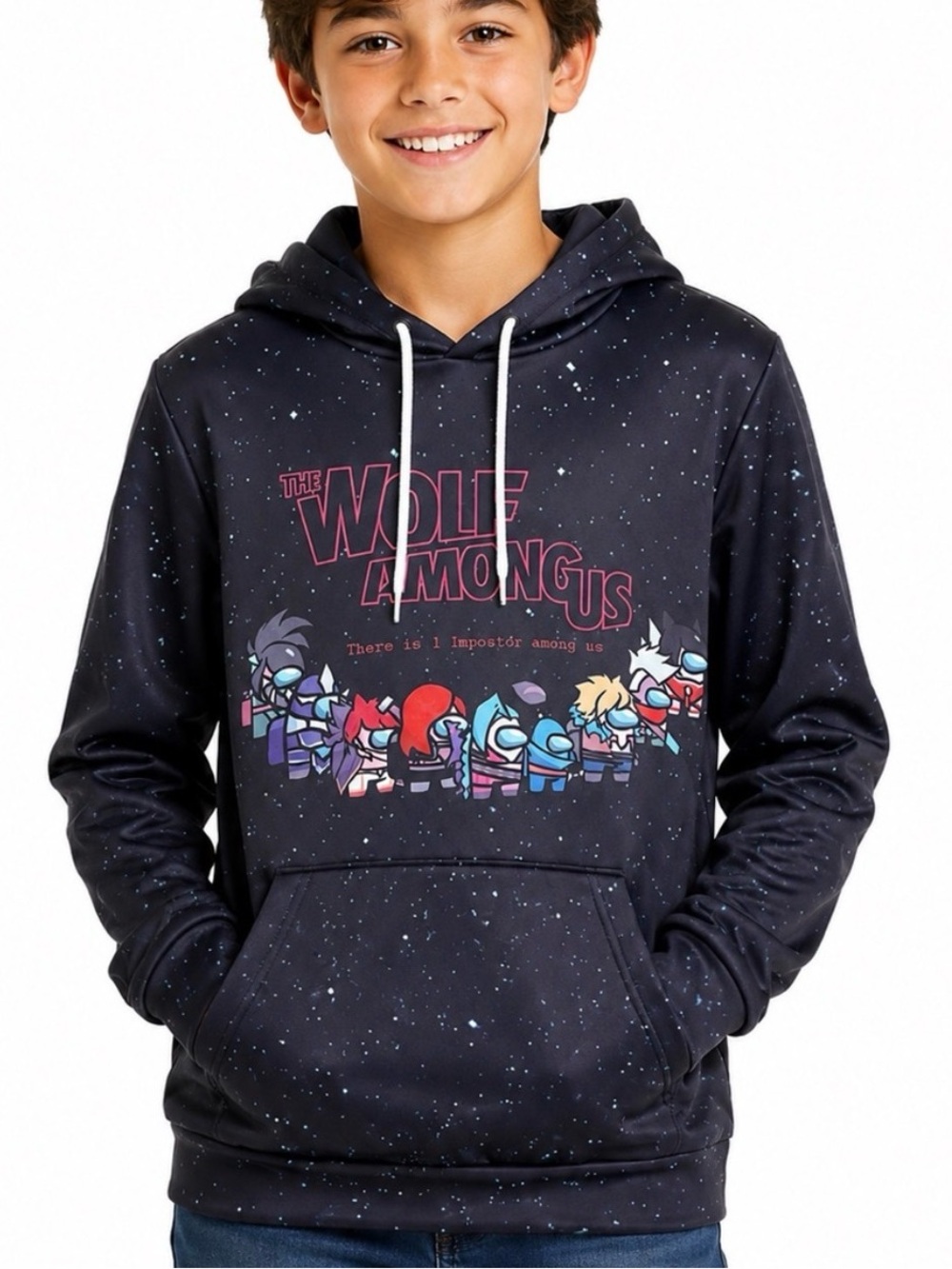 AMONG US Boys Hoodie Large  10/12 Black Galaxy Graphic Pullover Gamer
